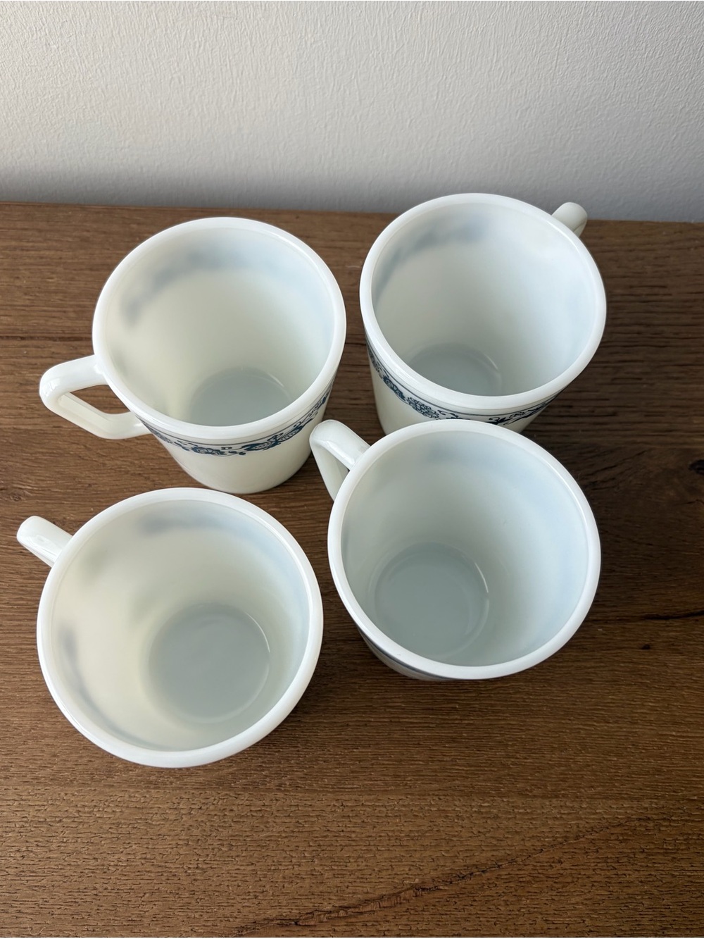 Pyrex White Milk Glass Mugs with Blue Floral Band - Set of 4 - Picture 5 of 7